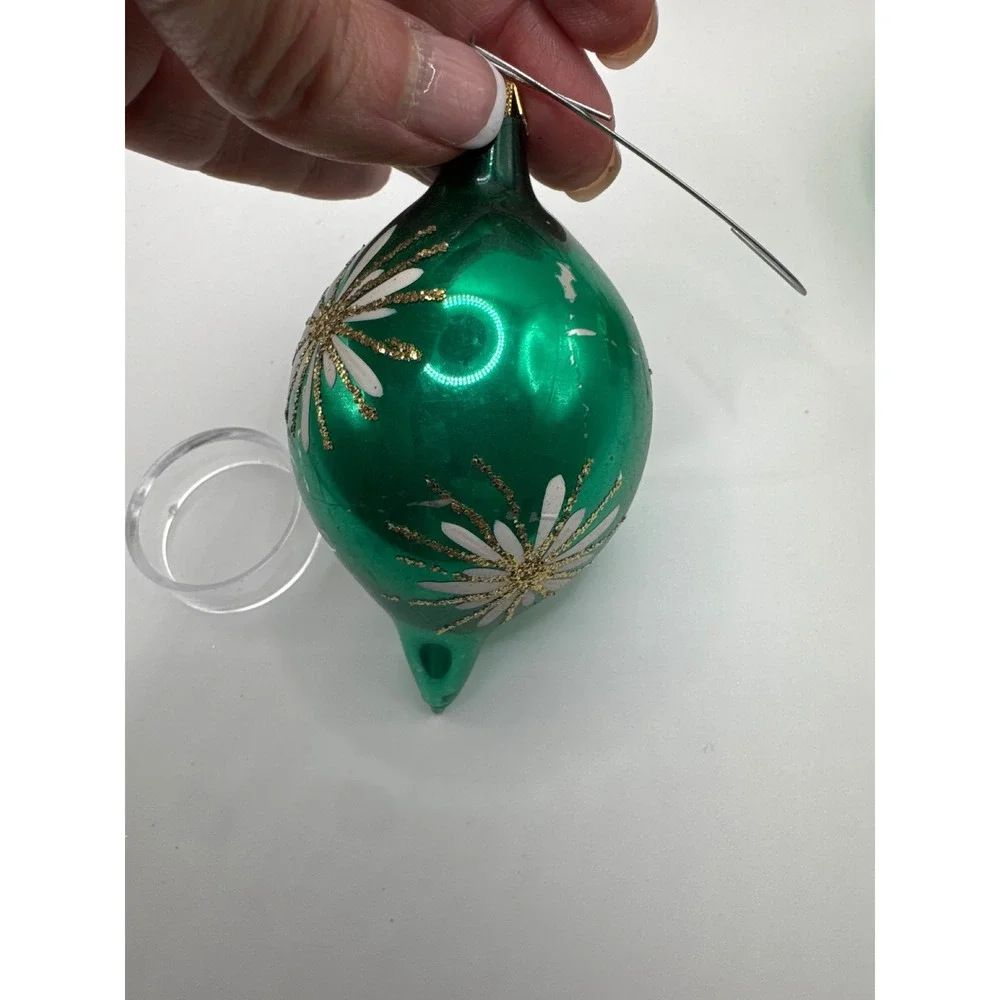 Vintage Green Glass Teardrop Christmas Ornaments Gold Glitter Floral Set of 2